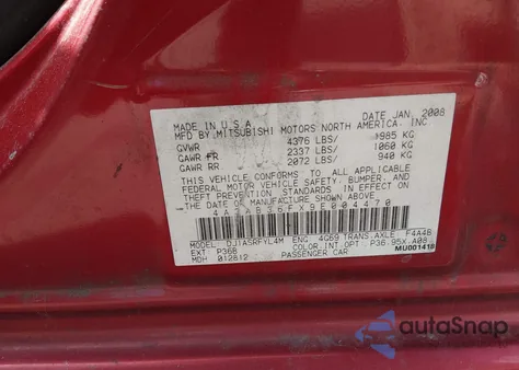 2009 Mitsubishi Galant Es/Sport Edition z USA, uszkodzony, nr VIN 4A3AB36FX9E004470